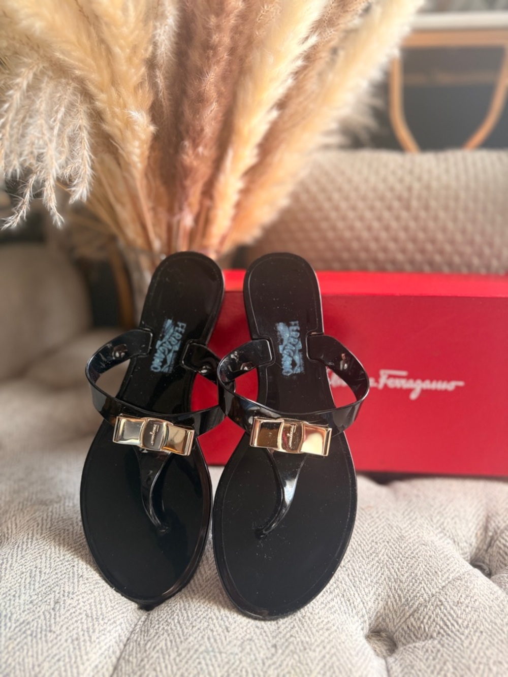 Salvatore Ferragamo Black Patent Vara Bow Thong Sandals with Gold Bow